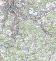 Beispiel eines veloland.ch Kartenausdruckes: Region südlich von Basel im Massstab 1:100'000, Velorouten blau eingezeichnet